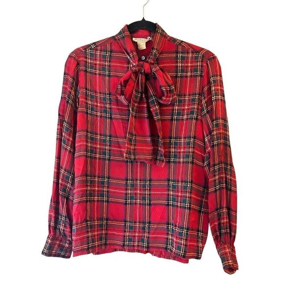 Vintage 80s Jack Mulqueen 100% Silk Tartan PussyBow Blouse Sz 8 – Red Holiday Pl - Picture 1 of 7